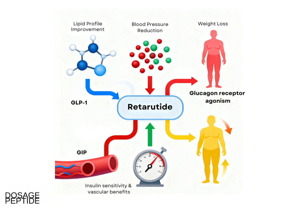 Infographic illustrating Retatrutide’s potential effects on weight loss, blood pressure reduction, lipid profile improvement, and insulin sensitivity through GLP-1, GIP, and glucagon receptor pathways.