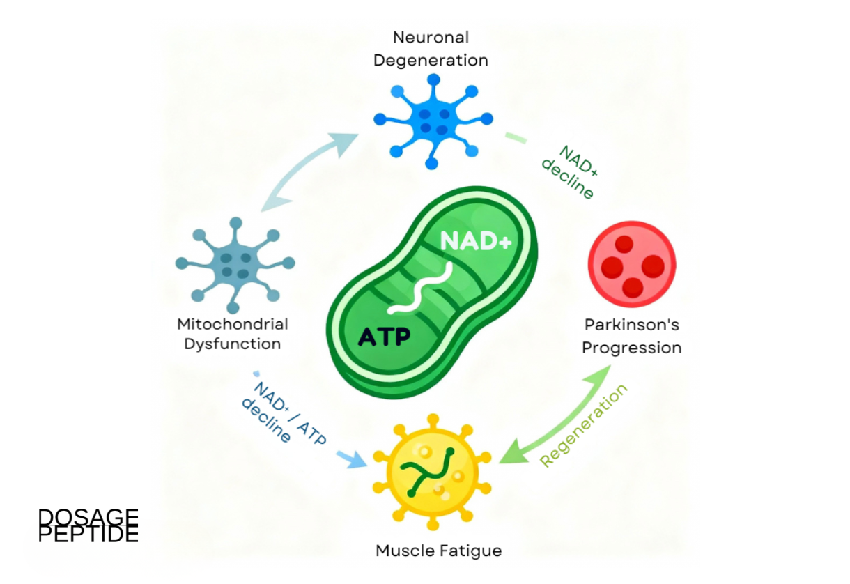 Scientific infographic showing the relationship between NAD+, mitochondrial dysfunction, neuronal degeneration, muscle fatigue, and Parkinson’s disease progression.