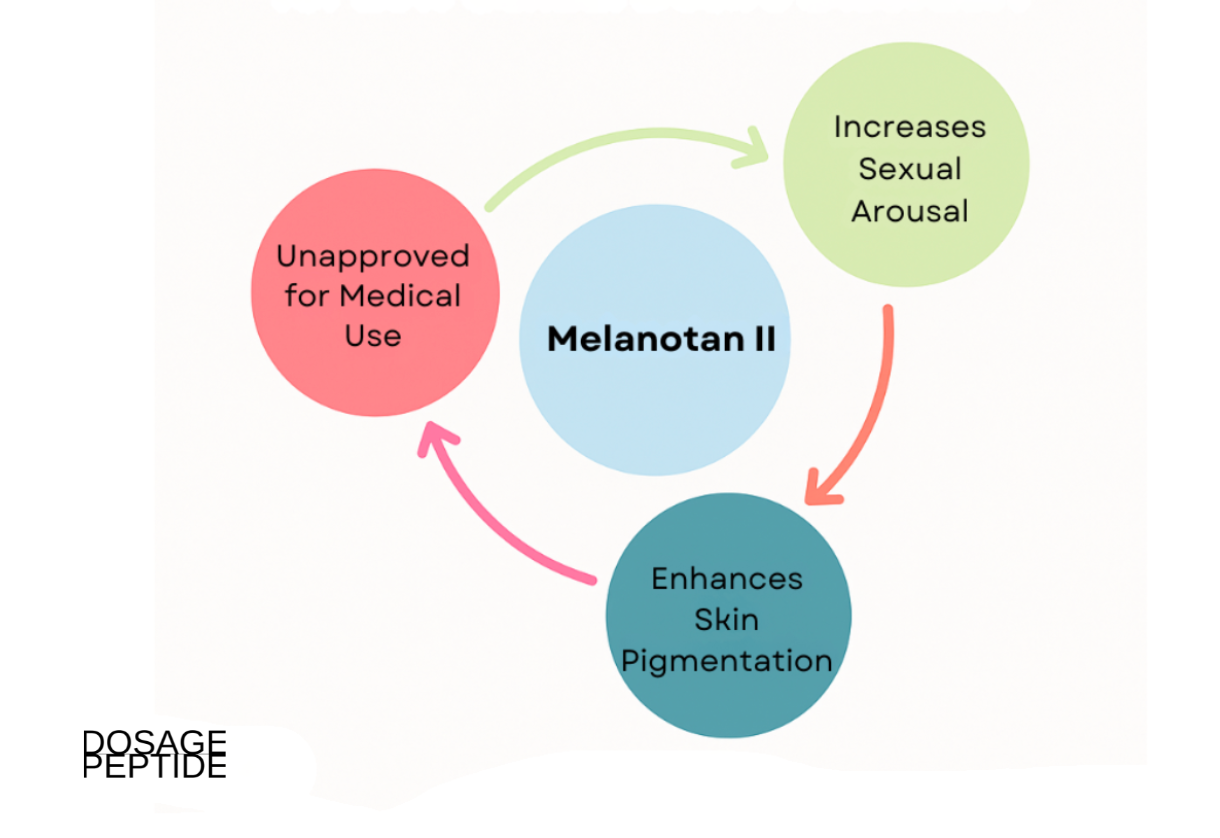 Diagram illustrating Melanotan II’s effects on skin pigmentation and sexual arousal, along with its unapproved status for medical use.