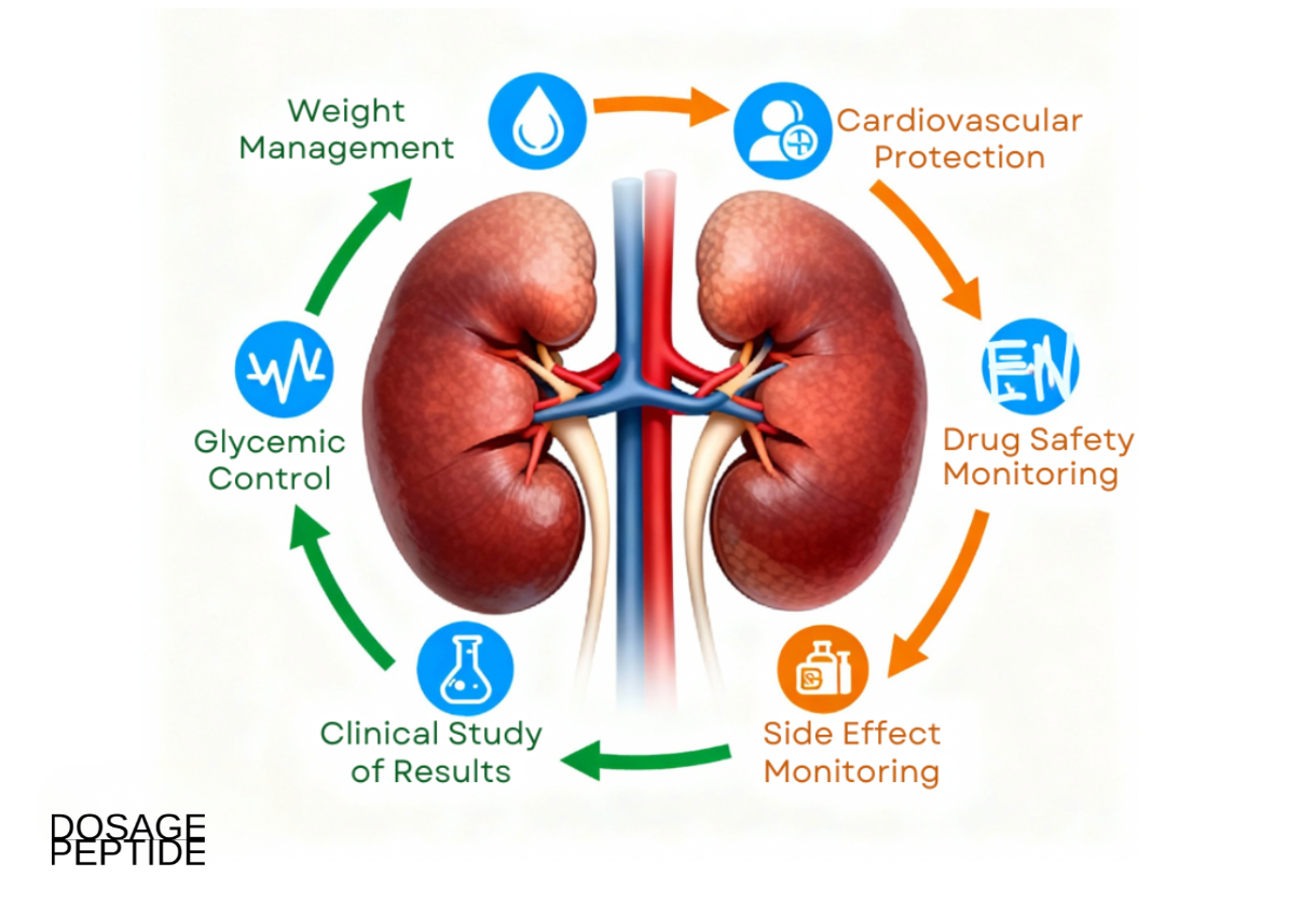 Diagram image showing Cagrilintide benefits in CKD with weight, glucose, heart, and safety monitoring.