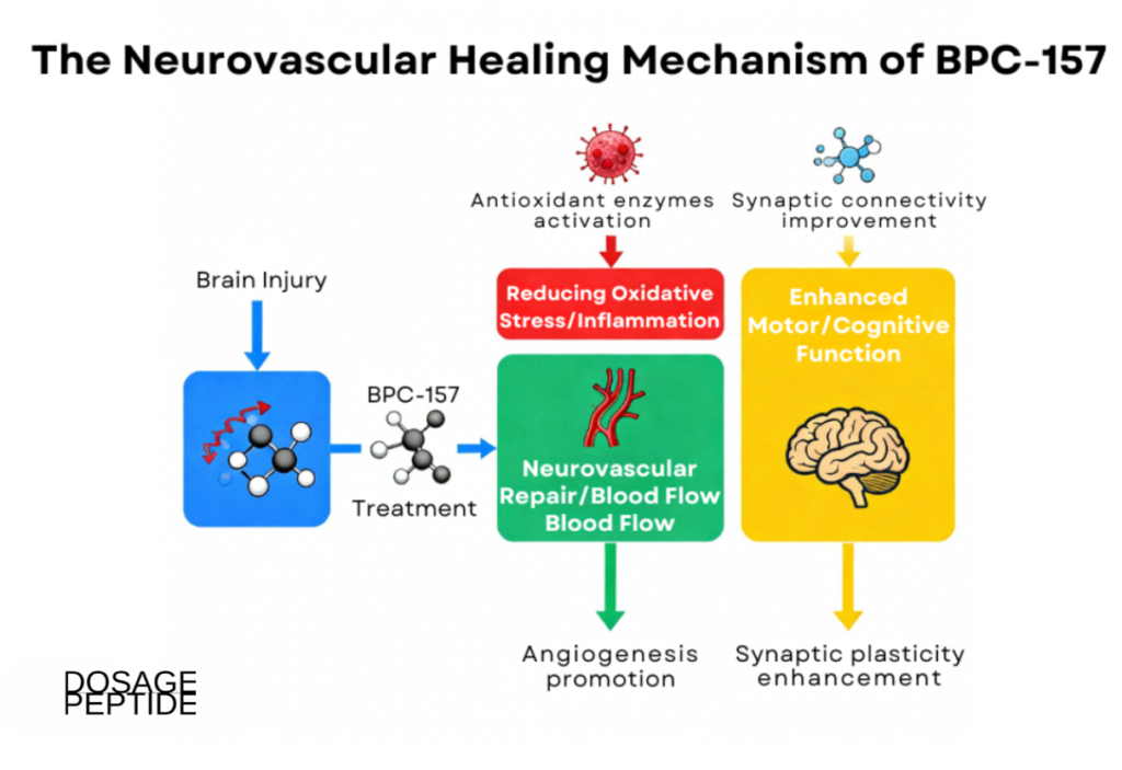 Infographic showing BPC-157’s role in brain injury recovery through antioxidant action, neurovascular repair, and neurogenesis.