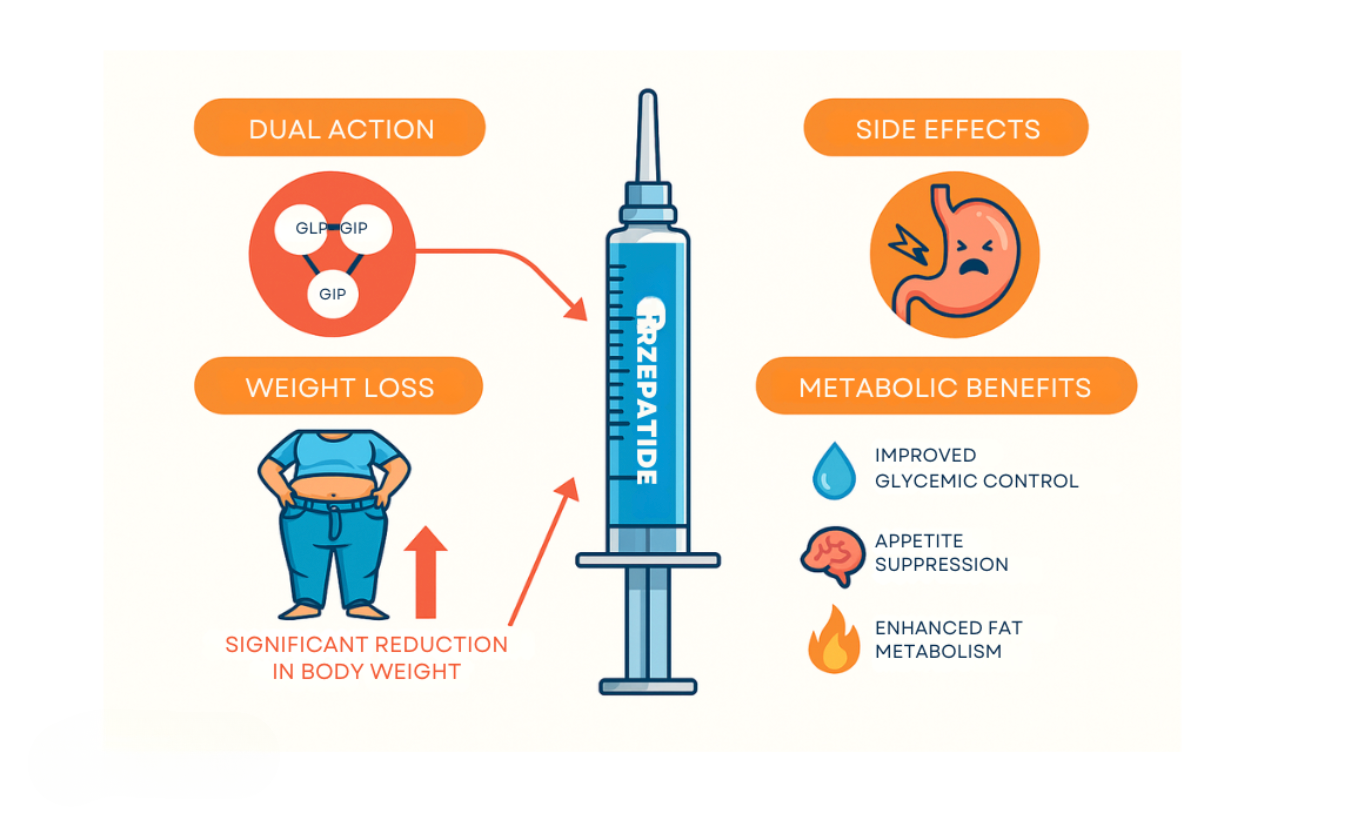Infographic explaining Tirzepatide’s dual GLP-1 and GIP action, highlighting weight loss, metabolic benefits, appetite suppression, improved glycemic control, and possible side effects.