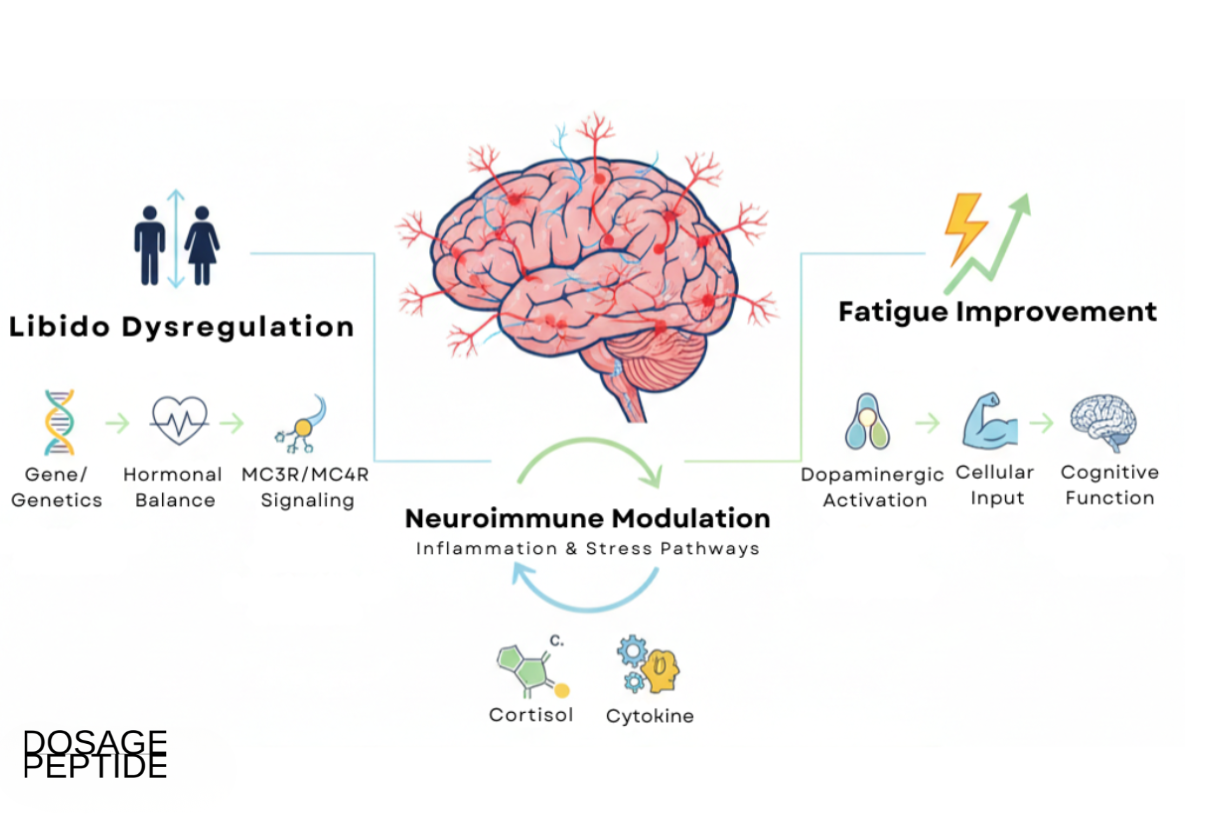 Illustration showing PT-141 mechanisms linking neuroimmune modulation, libido regulation, and fatigue improvement.