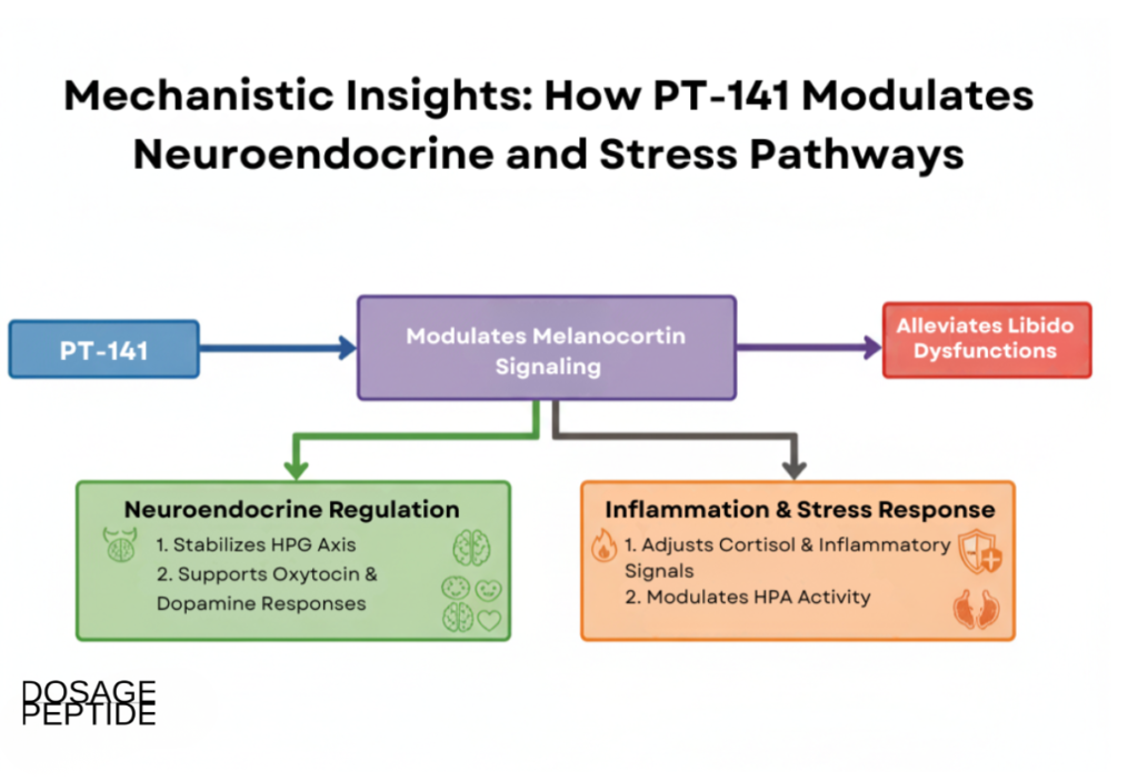  Infograph showing PT-141’s neuroimmune, neuroendocrine, and stress pathway regulation influencing libido function.
