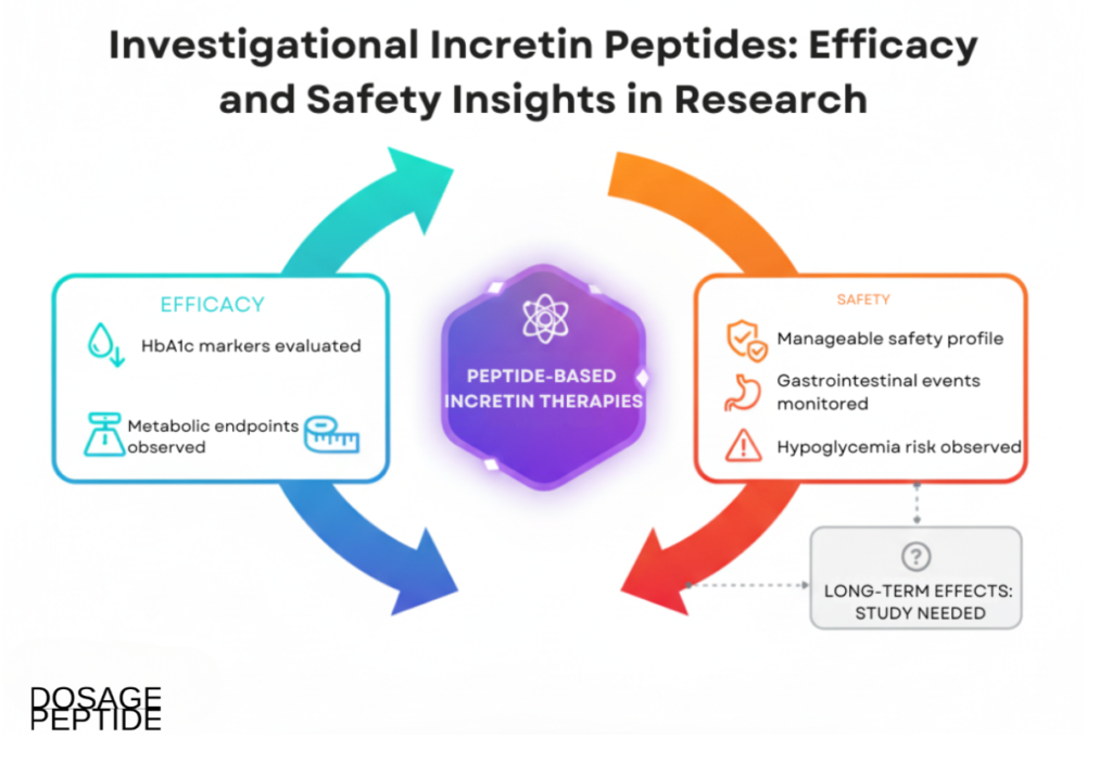 Graphic illustrating incretin peptide efficacy markers, monitored safety outcomes, and ongoing study requirements.