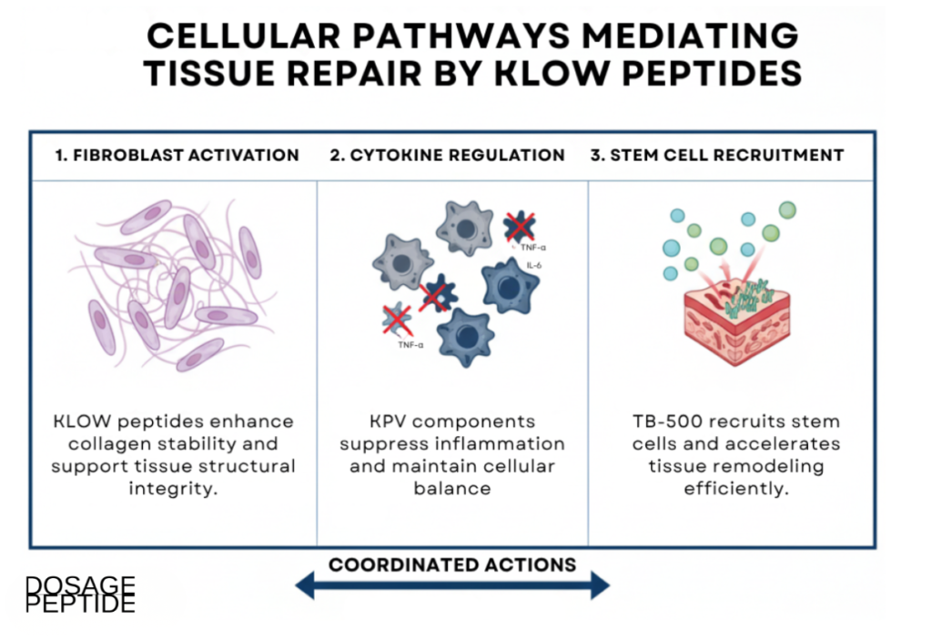 Scientific infographic showing fibroblast activation, cytokine regulation, and stem cell recruitment pathways in tissue repair.
