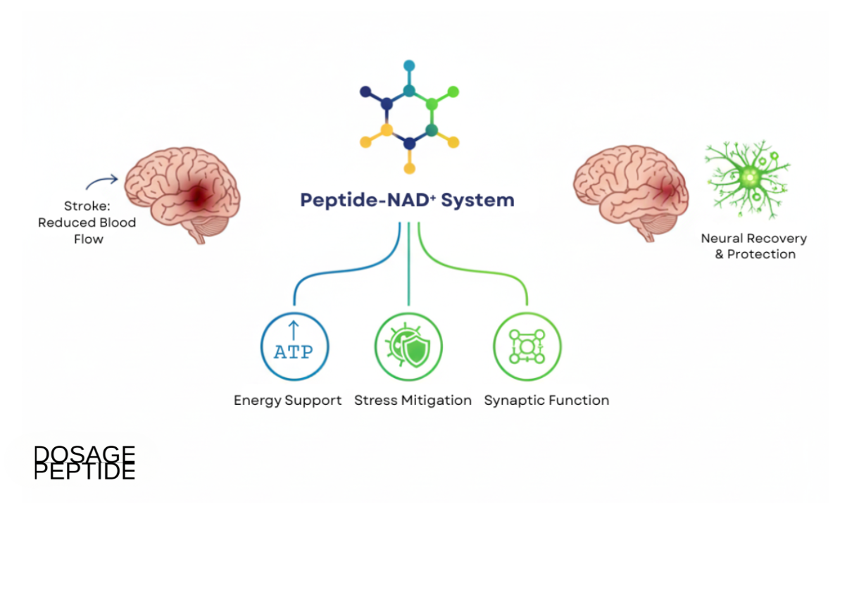 Peptide-NAD⁺ system diagram showing stroke effects, neuroprotection, energy support, and stress mitigation.