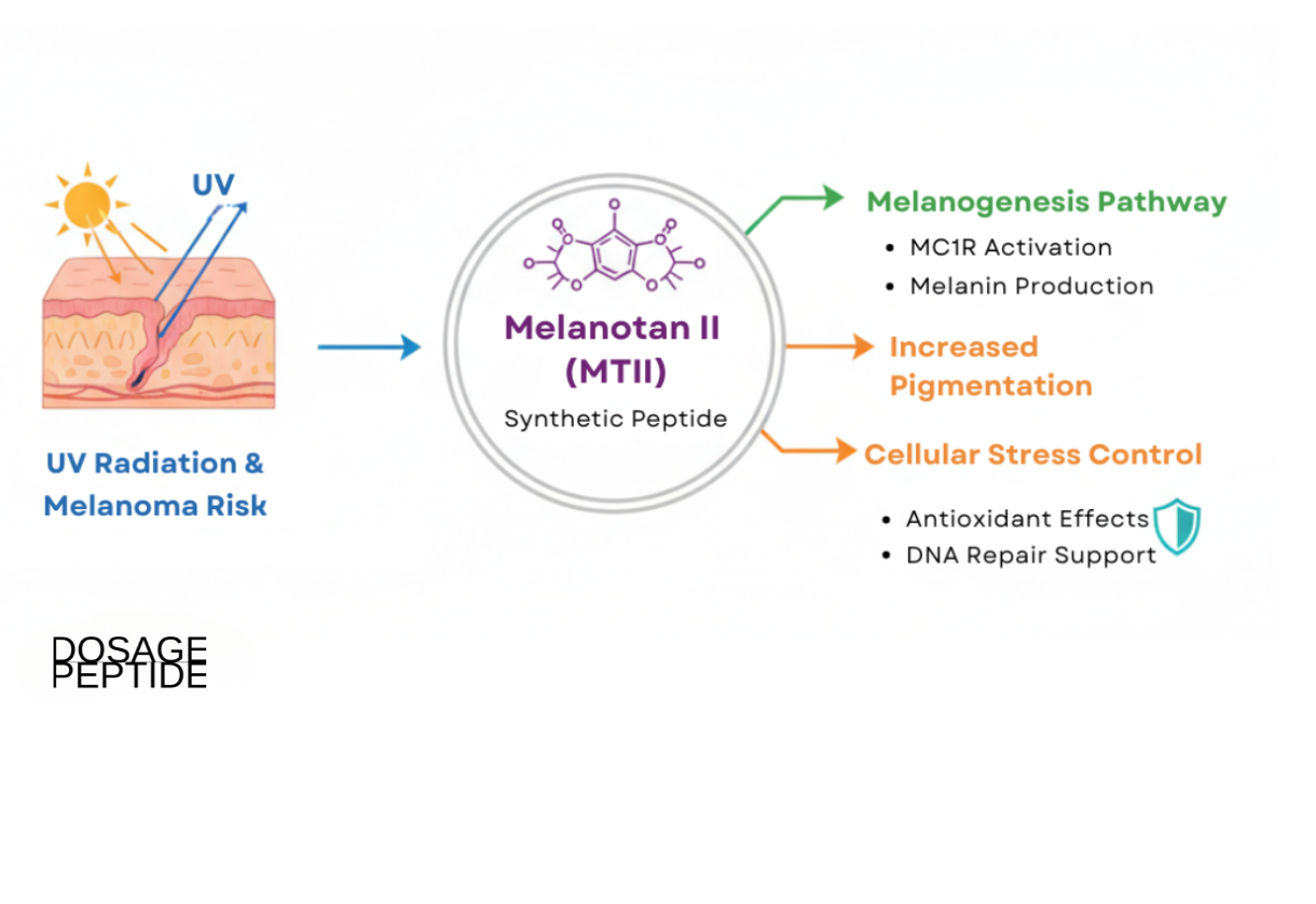Diagram illustrating the effects of Melanotan II research on melanogenesis, cellular stress, and melanoma risk.