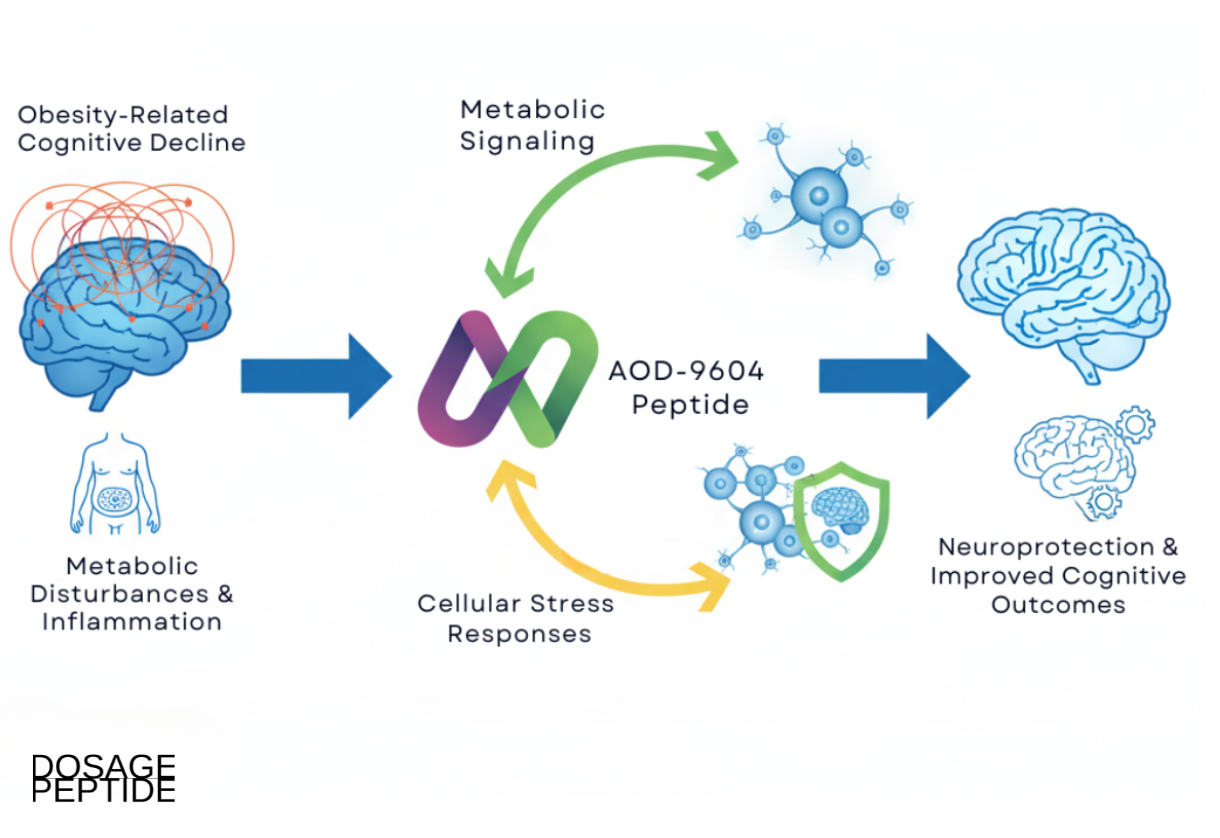 Diagram showing AOD-9604 effects on metabolic signaling and neuroprotection in obesity-related cognition.