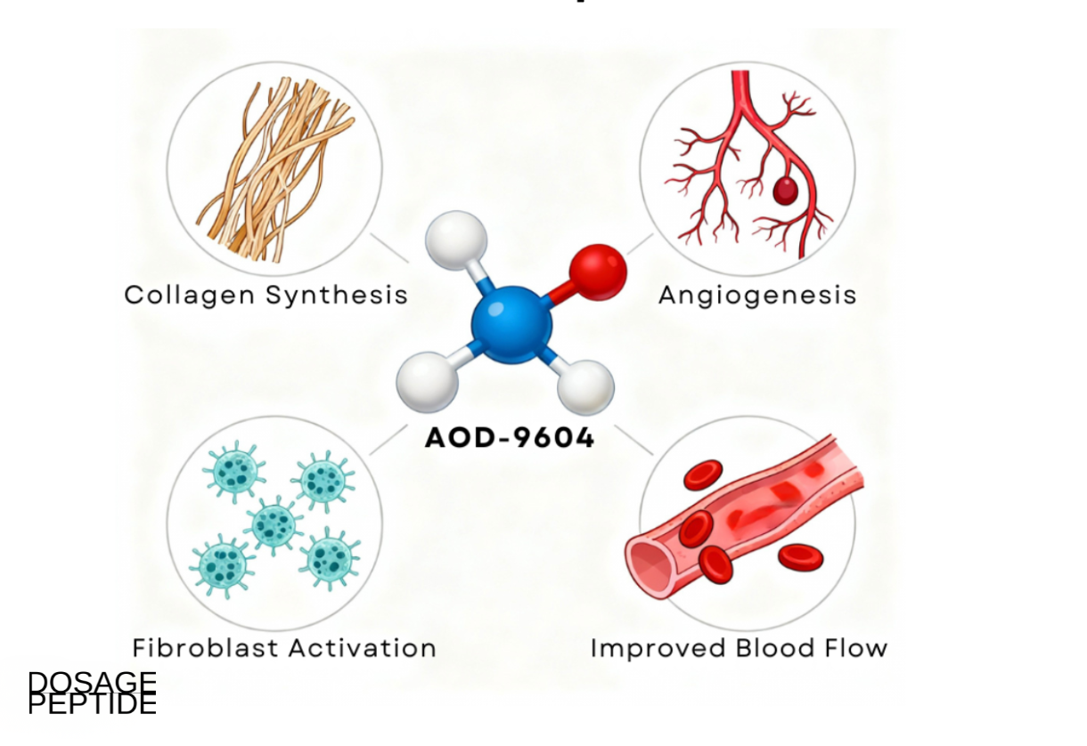 Molecular infographic showing AOD 9604 benefits: collagen synthesis, angiogenesis, fibroblast activation, and blood flow.