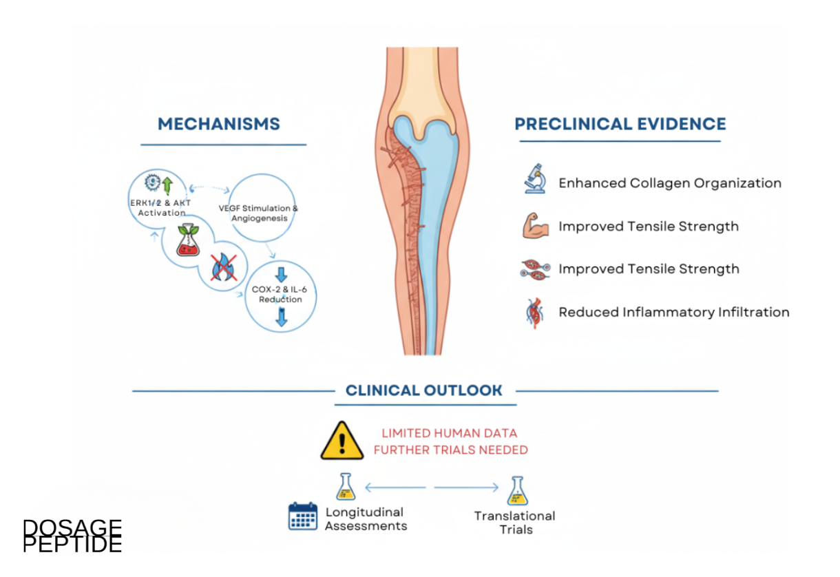 Scientific diagram showing BPC 157 mechanisms, preclinical evidence, and clinical outlook in tendon research.