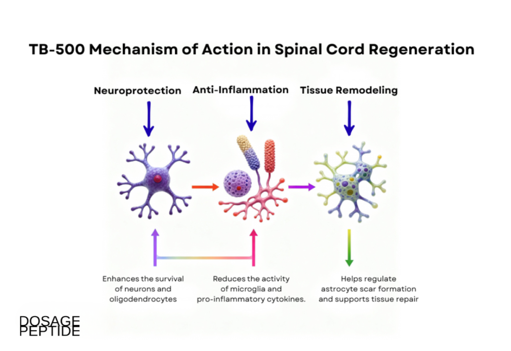  Infographic illustrating TB-500’s role in spinal cord regeneration and neural repair.
