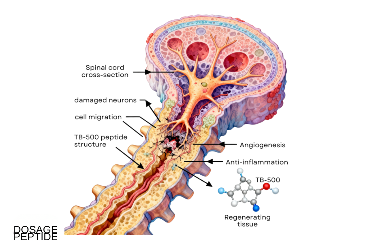 Illustration showing TB-500 aiding spinal cord regeneration through angiogenesis, cell migration, and healing.