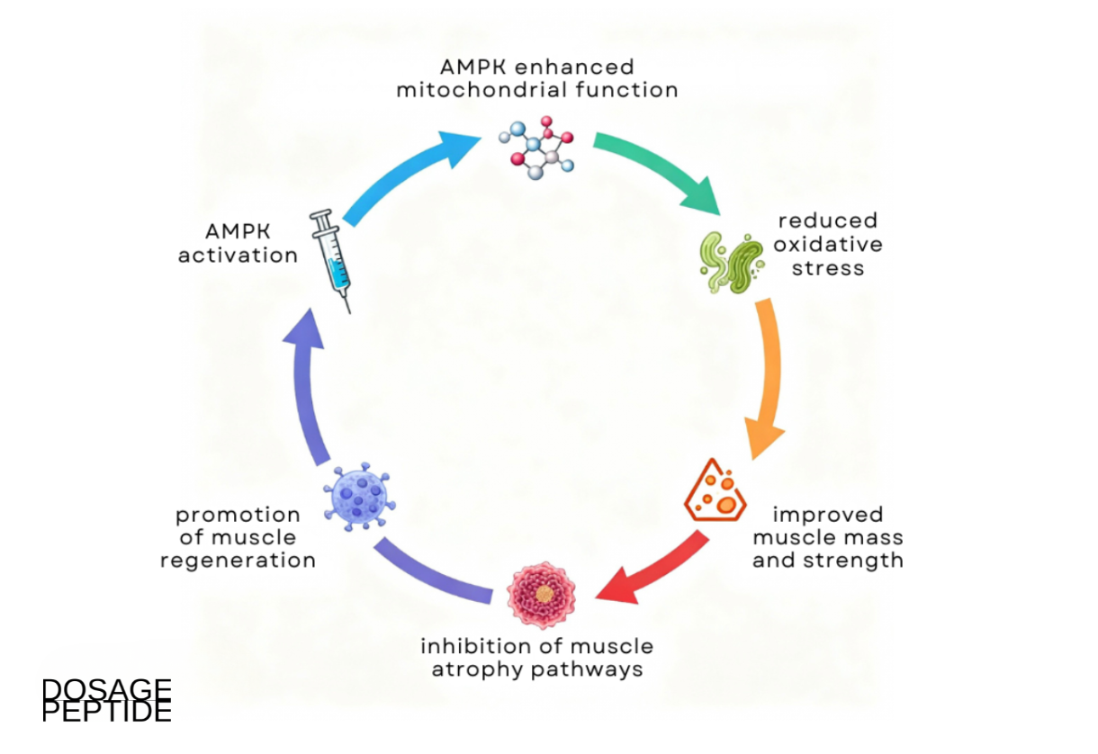 Circular infographic showing AOD-9604 mechanism enhancing AMPK function and preventing muscle wasting.