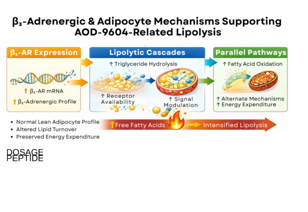 Infographic showing β3-adrenergic and adipocyte pathways supporting AOD-9604-induced lipolysis and fatty acid oxidation.