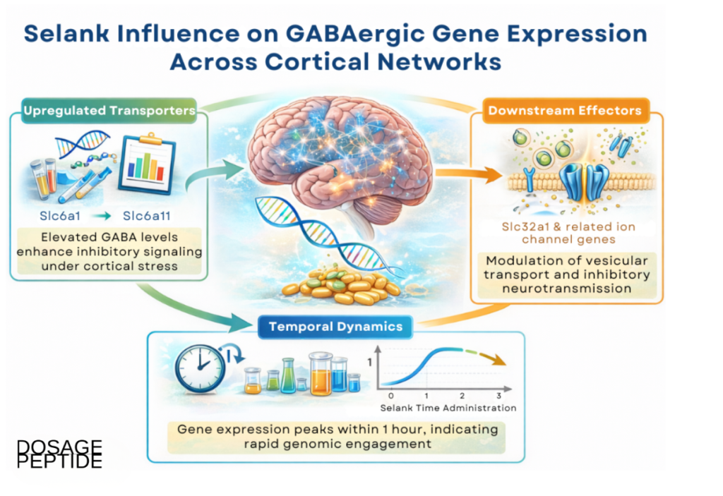 Infographic showing Selank-induced GABAergic gene expression changes, transporters, effectors, and temporal dynamics.