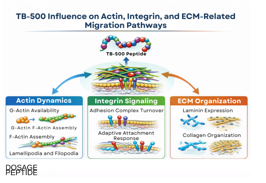 Infographic showing TB-500 influence on actin integrin and extracellular matrix migration pathways.