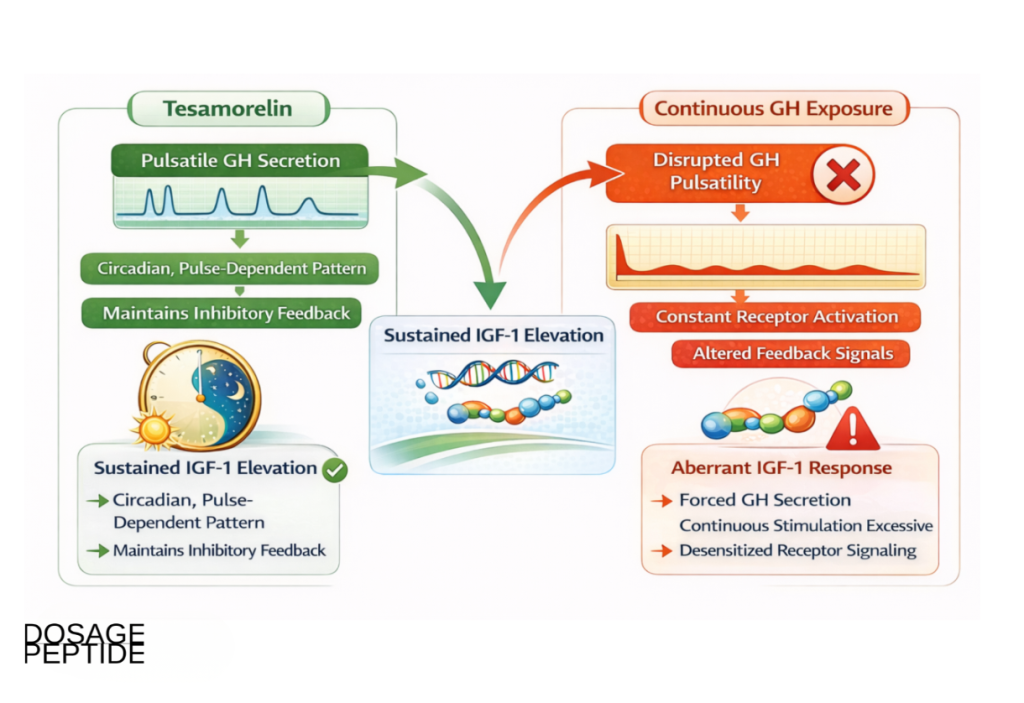 Research illustration of Tesamorelin stimulation and the molecular pathways linked to sustained IGF-1 elevation