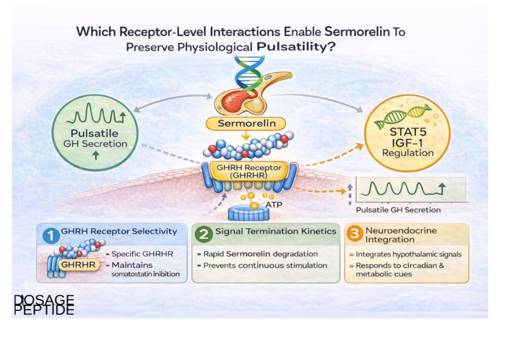 Research illustration of Sermorelin structure and how it mimics native hypothalamic GHRH peptides