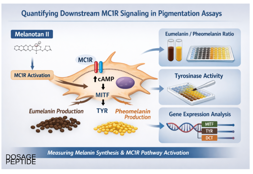 Educational illustration of Melanotan II and experimental models used to assess its effects on the MC1R receptor