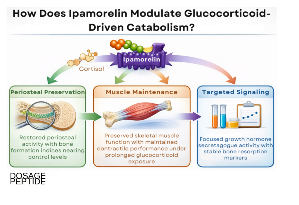 Infographic illustrating ipamorelin effects on glucocorticoid-driven catabolism in controlled preclinical research models.