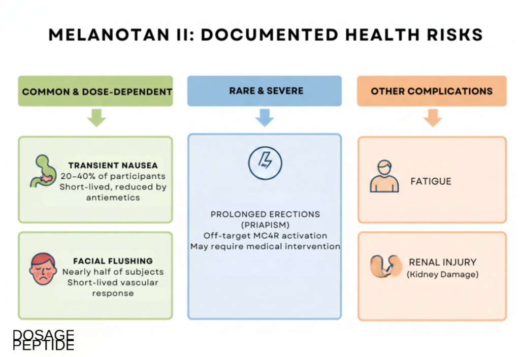 Infographic summarizing Melanotan II causes transient nausea, facial flushing, priapism, fatigue, and potential renal injury.