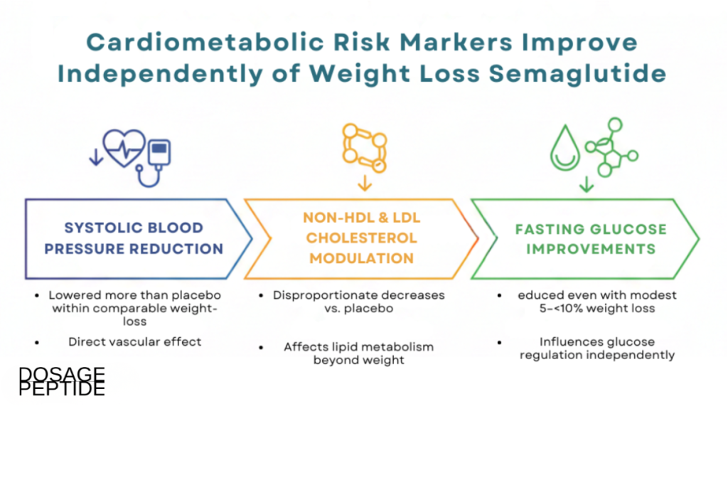 Infographic image showing semaglutide’s effects on blood pressure, cholesterol, and glucose independent of weight.