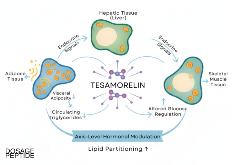 How does tesamorelin regulate lipid metabolism via endocrine crosstalk?