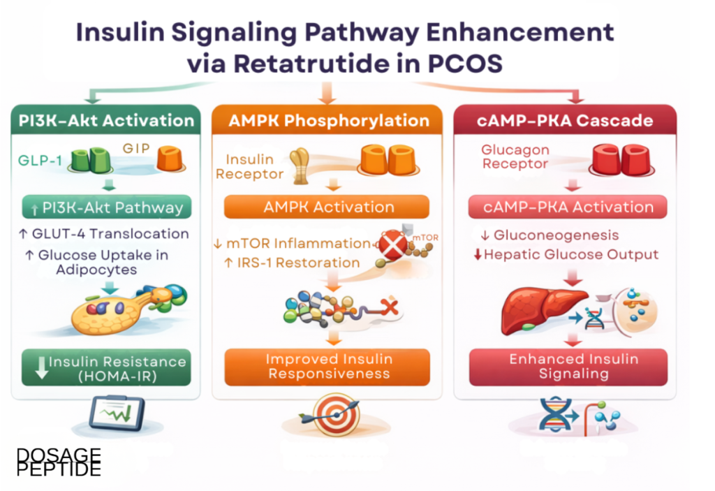 Infographic illustrating Retatrutide agonism, enhancing insulin signaling pathways and glucose regulation in PCOS.