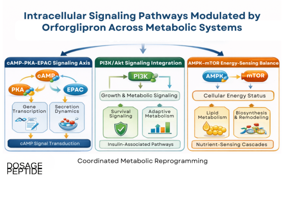Infographic showing orforglipron-modulated intracellular signaling pathways across metabolic systems and cellular energy regulation.