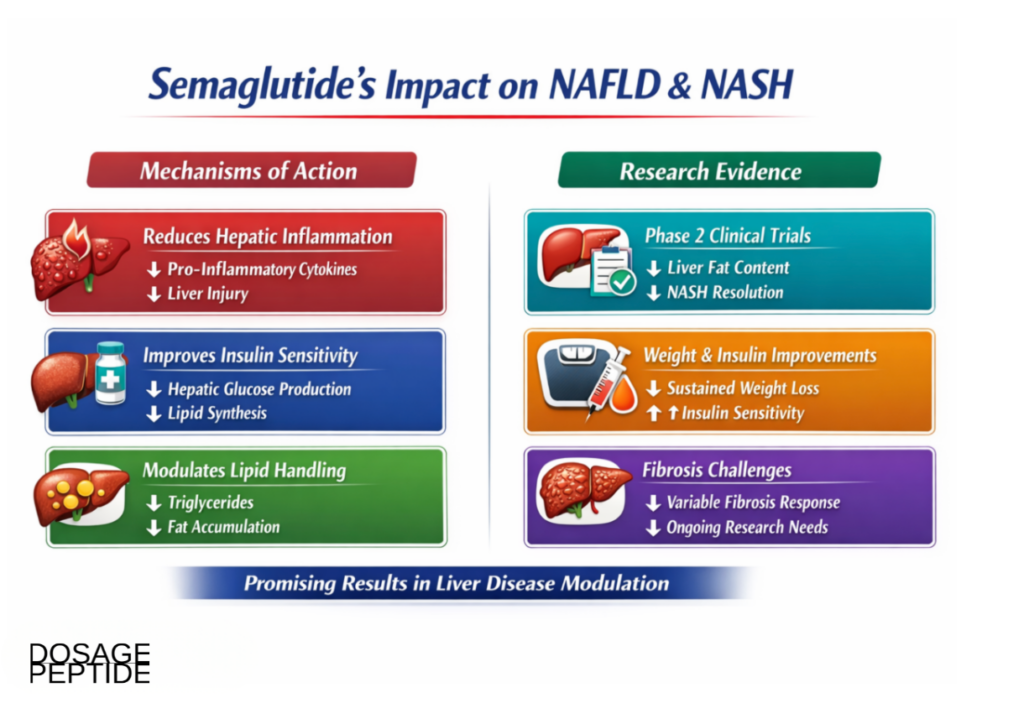 Diagram of semaglutide mechanisms relevant to hepatic fat and steatohepatitis research