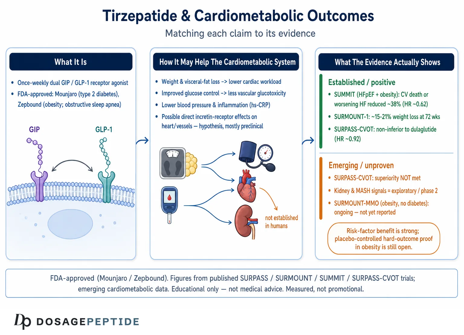 How Does Tirzepatide Impact Cardiometabolic Health Outcomes in Clinical Research Trials? — Dosage Peptide infographic