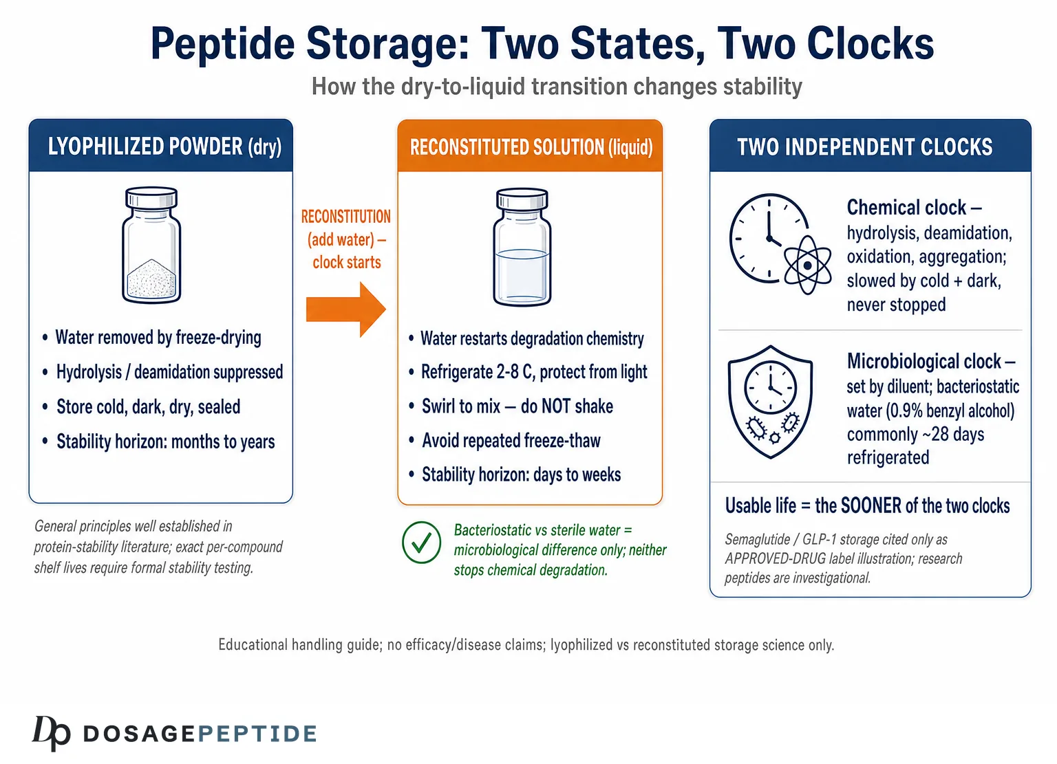 How to Store Peptides Before and After Reconstitution — Dosage Peptide infographic