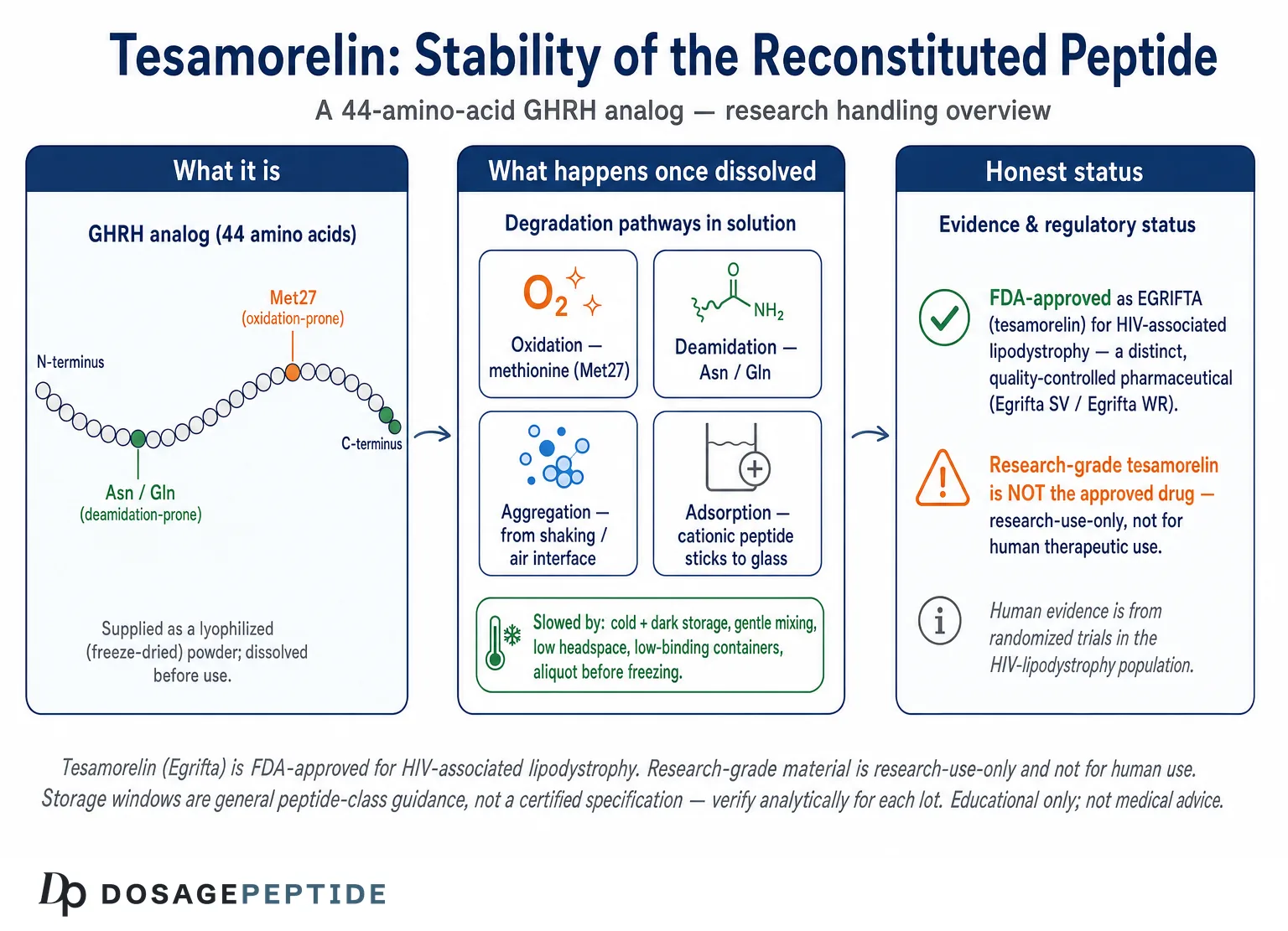 Peptide Storage Guidance for Reconstituted Tesamorelin — Dosage Peptide infographic