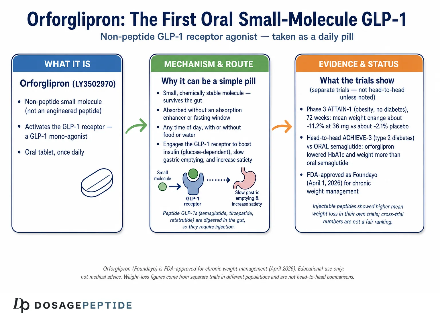 Orforglipron vs Semaglutide vs Tirzepatide: Oral GLP-1 in Research — Dosage Peptide infographic