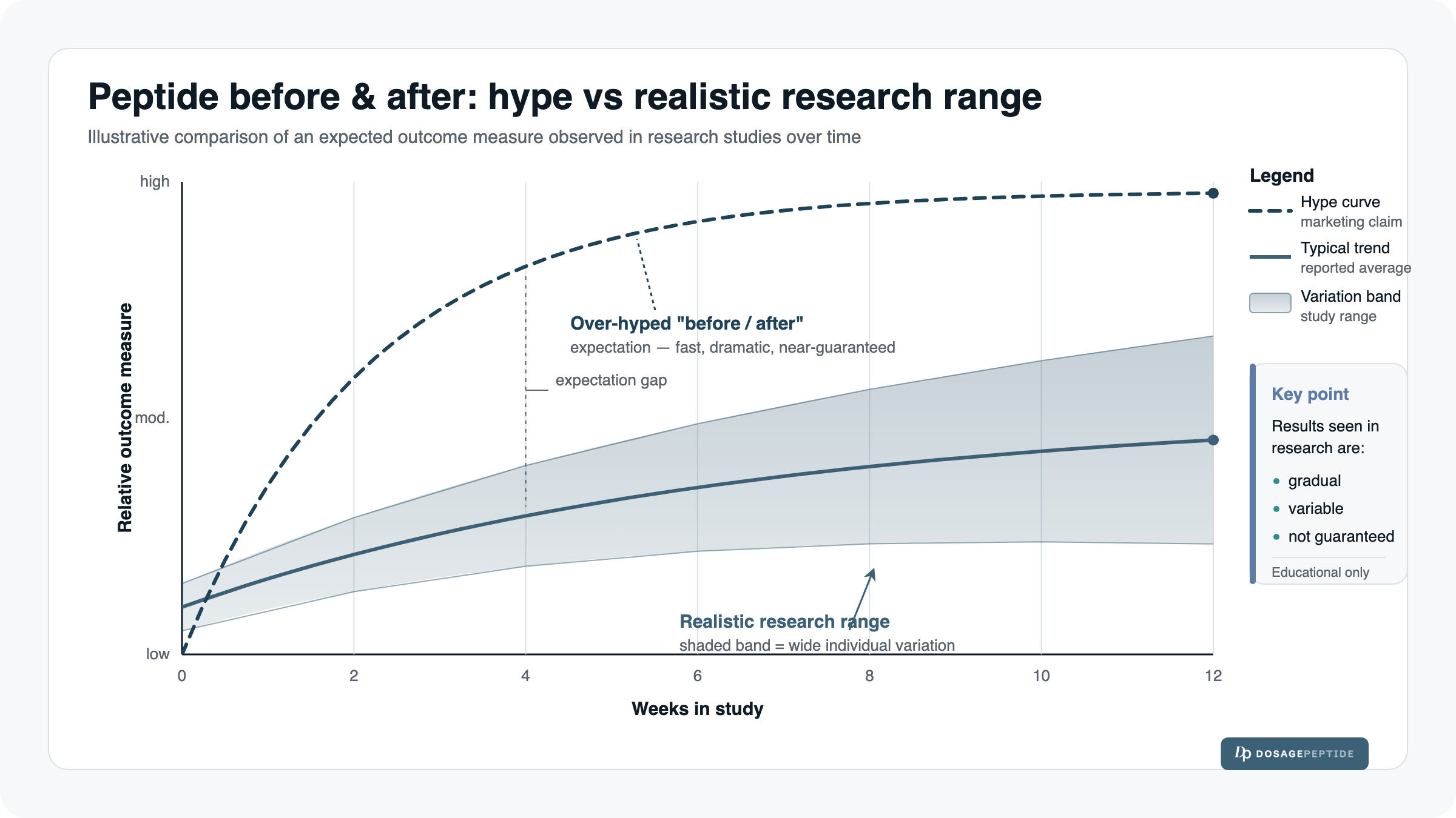 Line chart over 12 weeks contrasting a steep dashed orange 'hype' curve that rises fast toward 'high' and is labeled 'over-hyped before/after — fast, dramatic, near-guaranteed', against a gentler solid teal trend line inside a wide shaded teal band labeled 'realistic research range — wide individual variation'. A dashed 'expectation gap' marker shows the distance between them, and a Key point box notes results in research are gradual, variable, and not guaranteed (educational only).