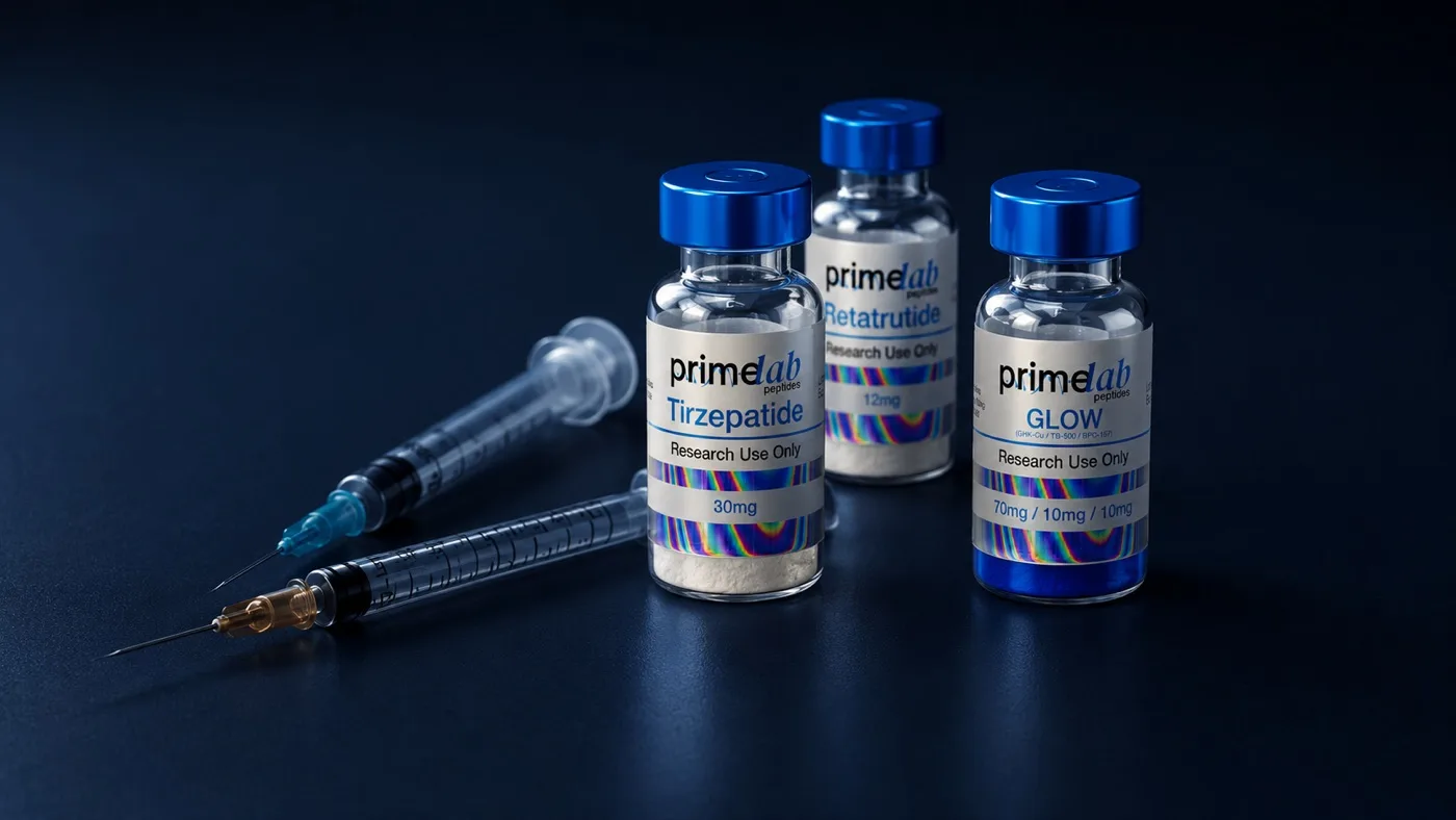 Research peptide vials — Tirzepatide, Retatrutide and the GLOW blend with syringes