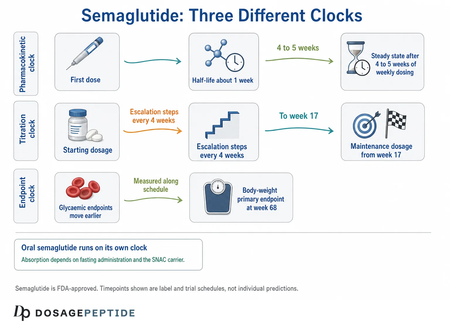 Schema comparing semaglutide pharmacokinetic, titration and trial endpoint timelines