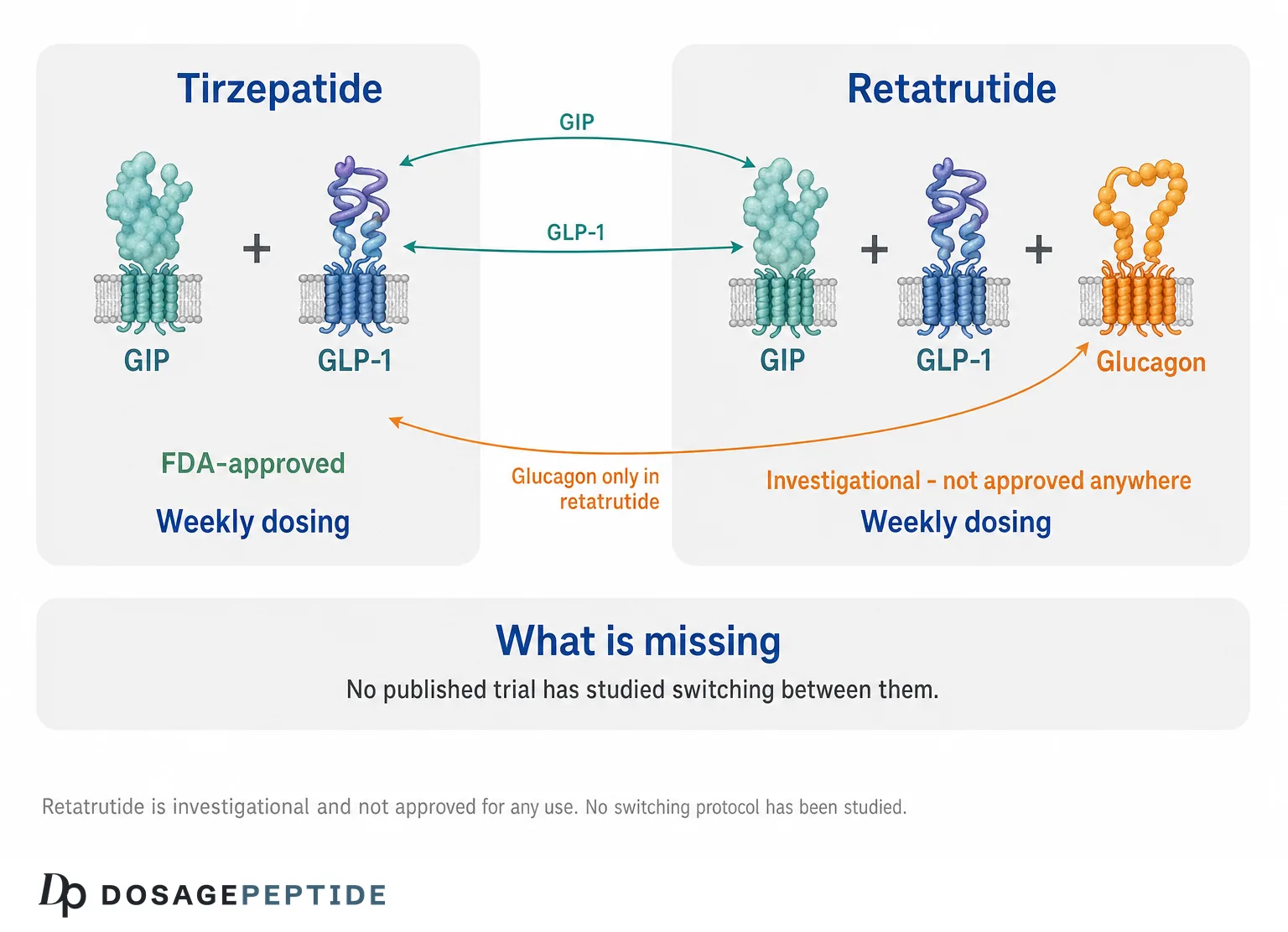 Comparison of tirzepatide and retatrutide receptor targets and regulatory status